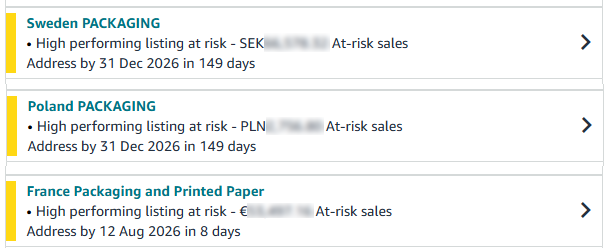 Amazon Account Health showing three EPR entries with different deadlines: Sweden Packaging and Poland Packaging both due 31 December 2026, and France Packaging and Printed Paper due 12 August 2026.