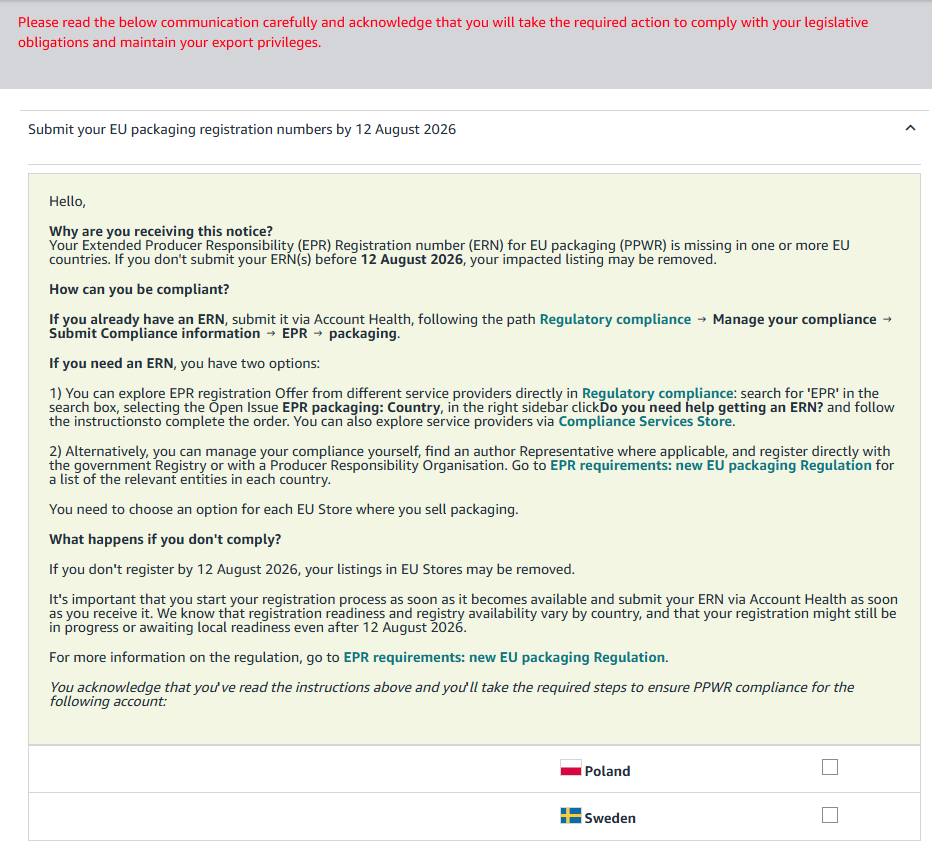 Amazon's login notice of 12 August 2026, headed with a request to read and acknowledge the communication, explaining that an EPR registration number is missing in one or more EU countries and that impacted listings may be removed, with Poland and Sweden listed at the bottom each with a checkbox